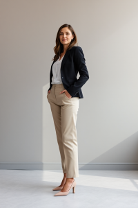 A woman standing confidently in a minimalist outfit of a black blazer paired with beige trousers, a white blou