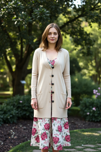 A woman in a beige cardigan over a floral midi dress, standing in a garden with soft natural light filtering t