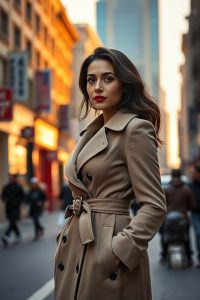 A woman with an hourglass figure in a tailored, belted coat with a structured silhouette, standing confidently