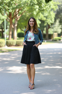 A woman wearing a black A-line skirt and a white blouse with a floral print, paired with a denim jacket and st