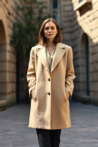 A woman in a tailored beige wool coat, cream silk blouse, and straight-leg black trousers stands in a sunlit u