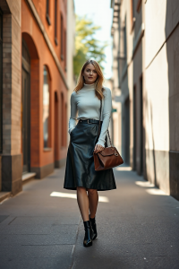 A woman in a black leather midi skirt, white turtleneck sweater, and black ankle boots stands in a sunlit city