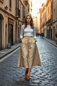 A woman in a high-waisted midi flared skirt in a soft beige linen, paired with a white fitted blouse, and tan