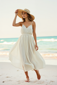 A woman in a flowing cream linen midi dress with a wide-brimmed straw hat, standing on a sunlit beach with tur