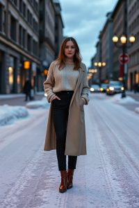 A woman standing on a snowy city street at dusk, wearing a cream cable knit sweater, high-waisted black trouse