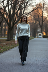 A woman in a cream turtleneck sweater, black wide-leg trousers, and knee-high boots, walking through a quiet u