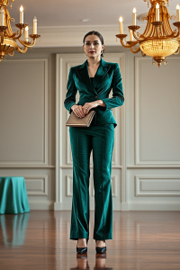 A woman in a structured emerald velvet blazer and matching wide-leg trousers, standing in a softly lit ballroo