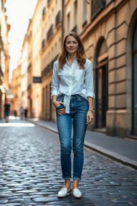 A woman in a white button-down shirt with rolled-up sleeves, tucked into high-waisted blue jeans, standing on