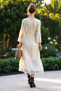 A woman in a flowing cream silk midi dress with a delicate lace hem, wearing sleek black combat boots with a l