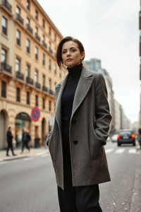 A woman in a tailored wool coat standing in a sunlit city street, wearing a fitted black turtleneck and wide-l