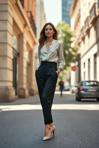 A woman in a high-waisted black a-line trouser paired with a cream silk blouse and nude pointed-toe heels, sta