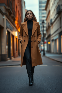 A woman in a camel longline wool coat walks through a quiet city street at dusk, wearing a fitted black turtle
