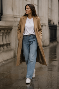 Full-body fashion photograph of a woman wearing an open camel wool formal coat over a plain white T-shirt, loo